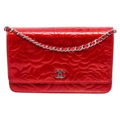 chanel red patent leather camellia wallet on chain